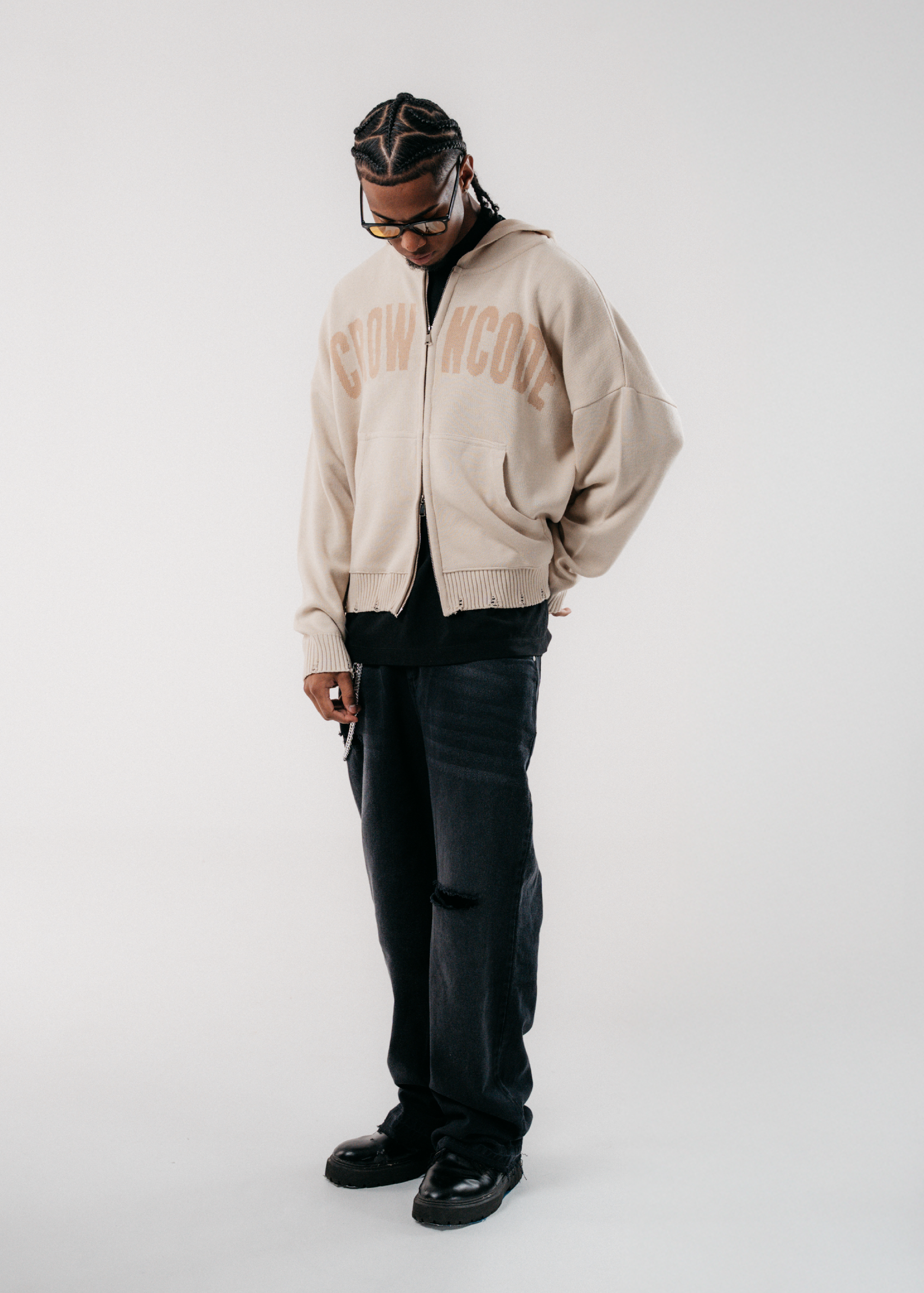 DOBLE ZIP KNITWEAR HOODIE - CREMA