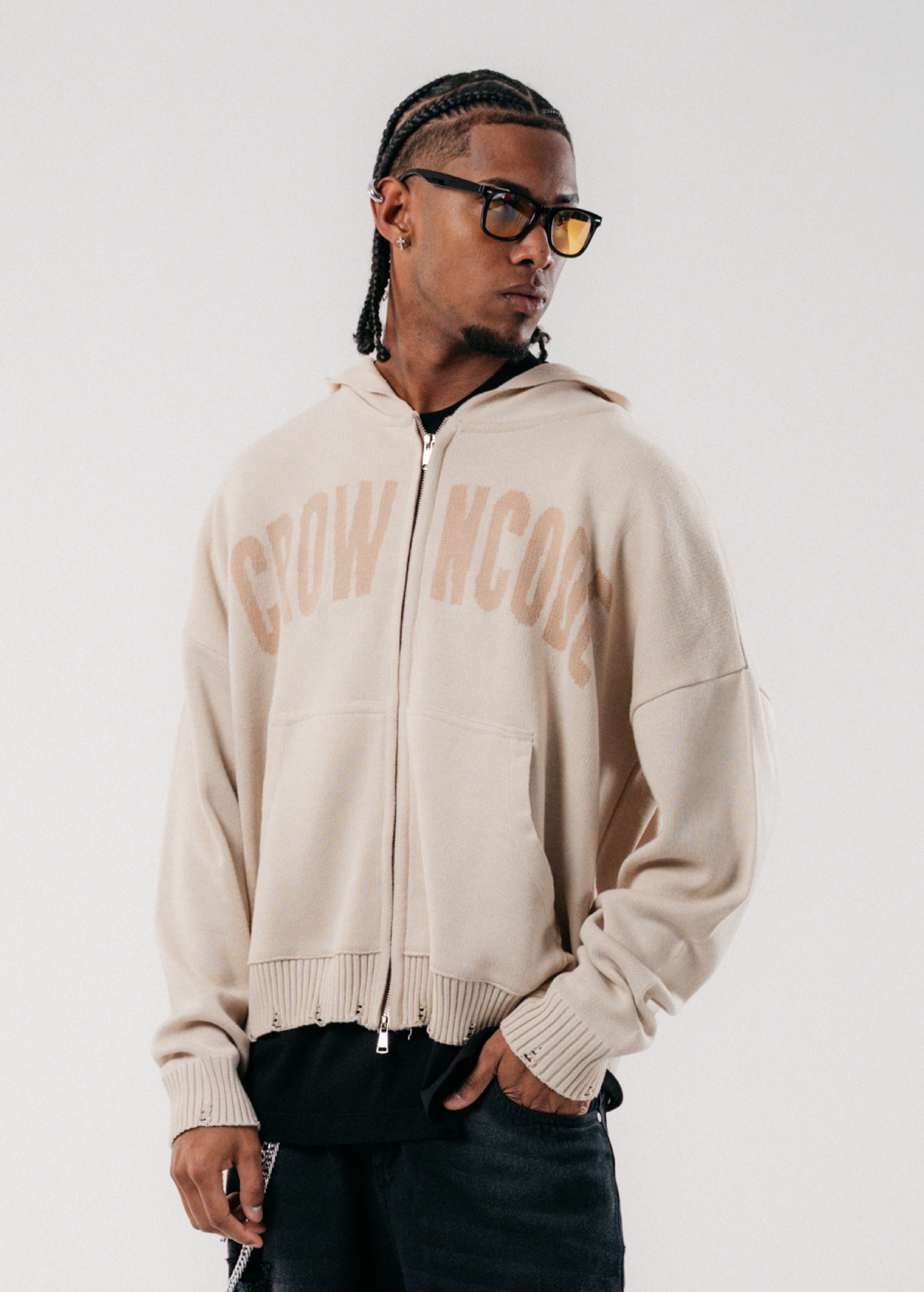 DOBLE ZIP KNITWEAR HOODIE - CREMA