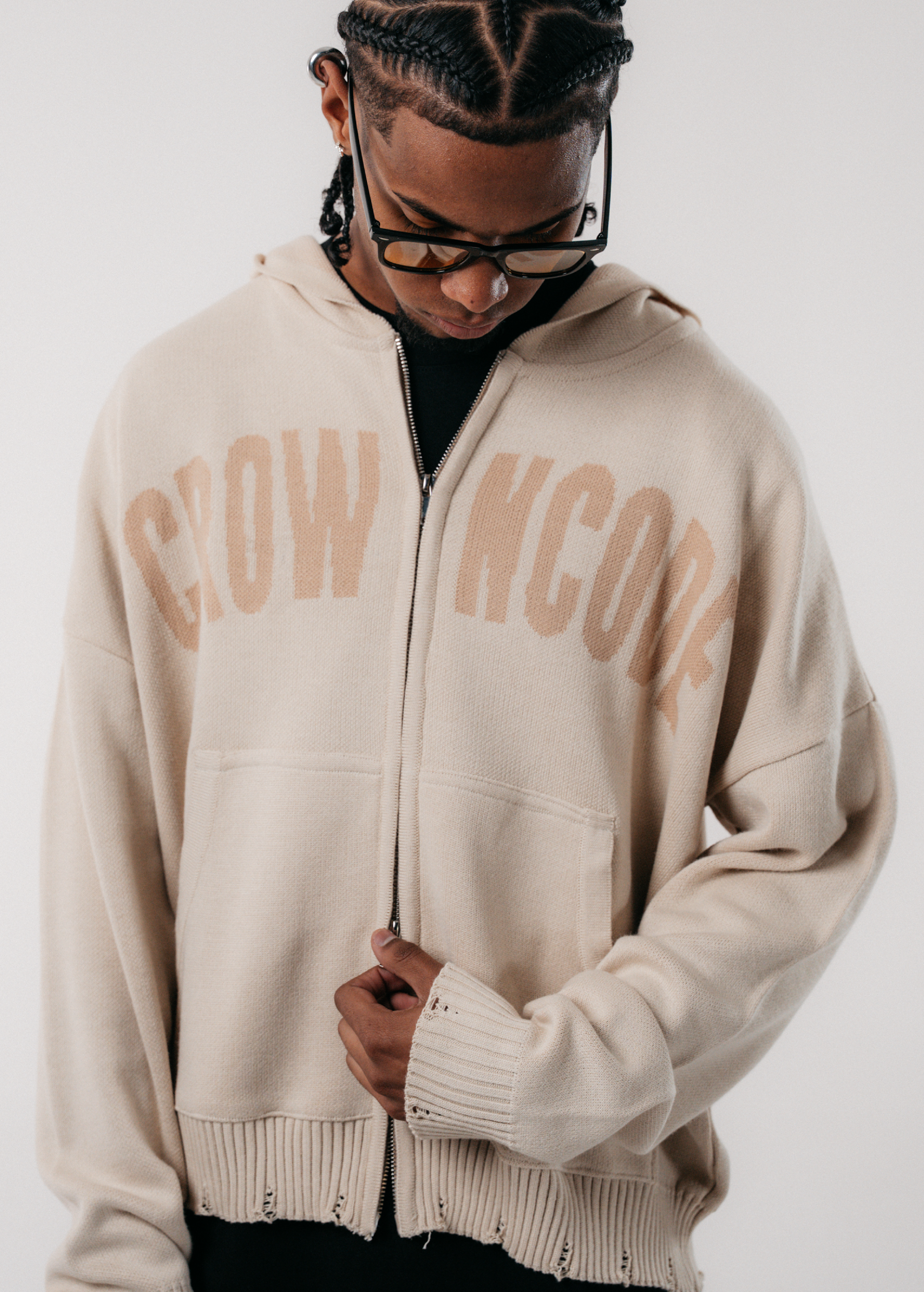DOBLE ZIP KNITWEAR HOODIE - CREMA