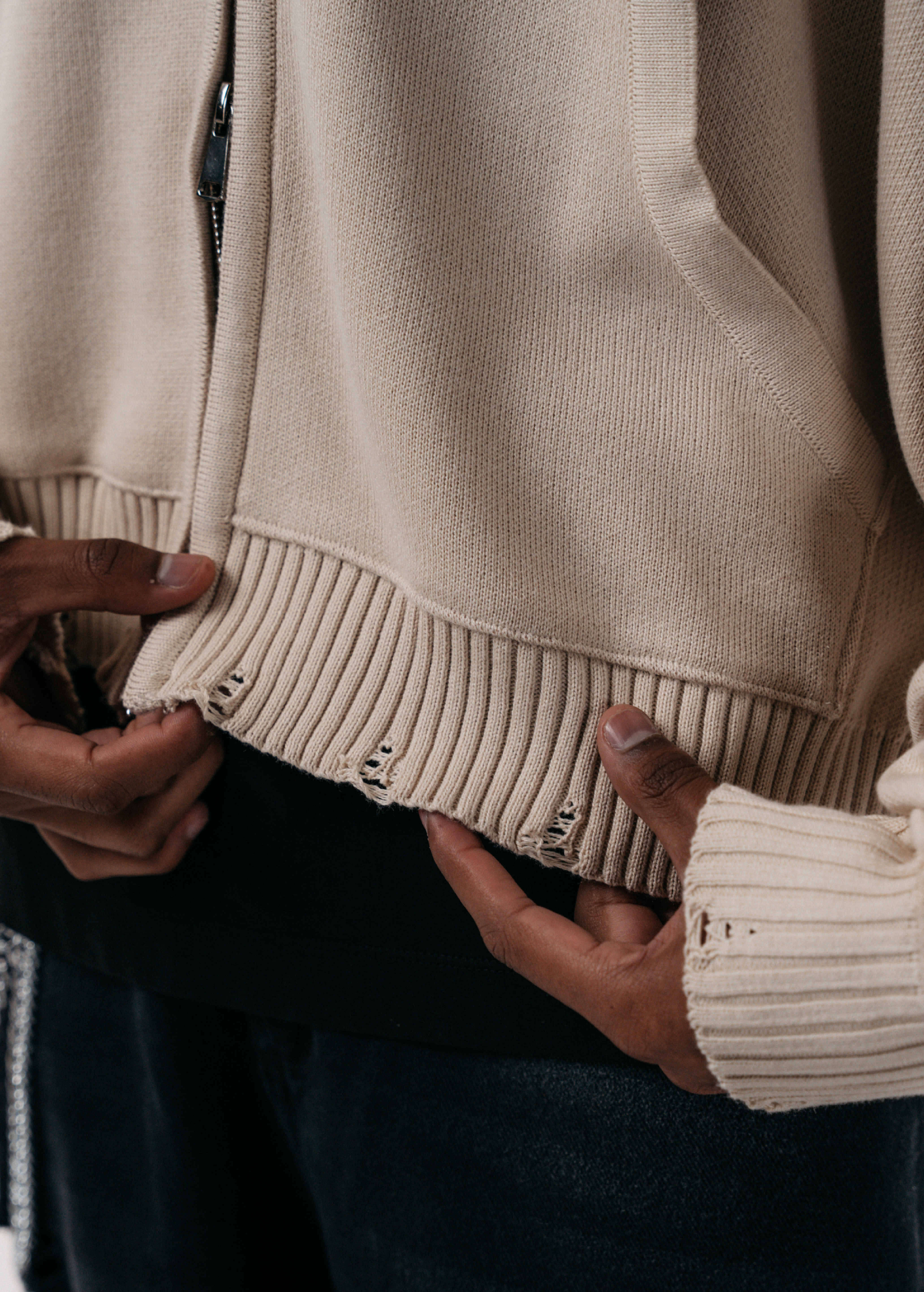 DOBLE ZIP KNITWEAR HOODIE - CREMA