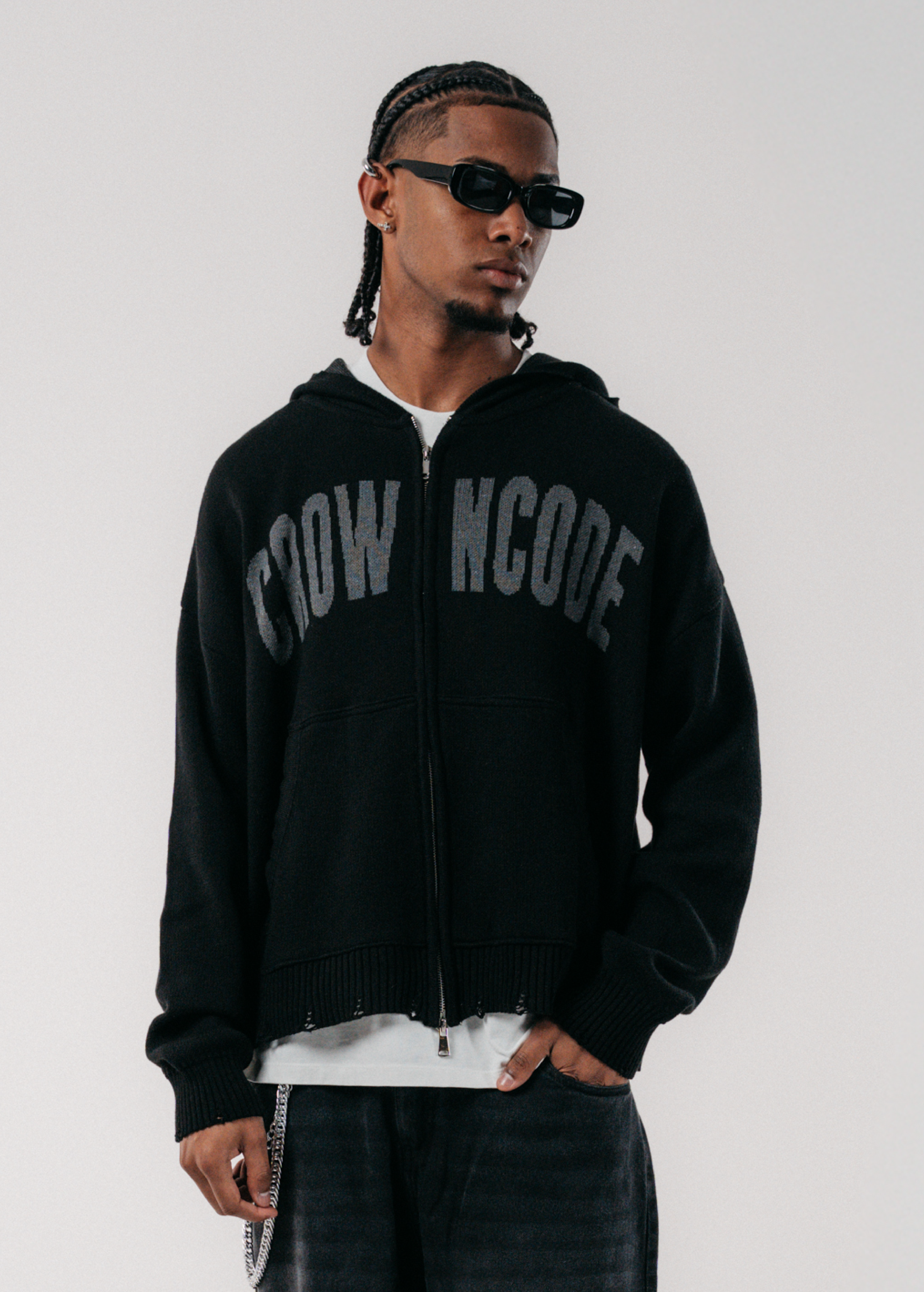 DOBLE ZIP KNITWEAR HOODIE - NEGRO