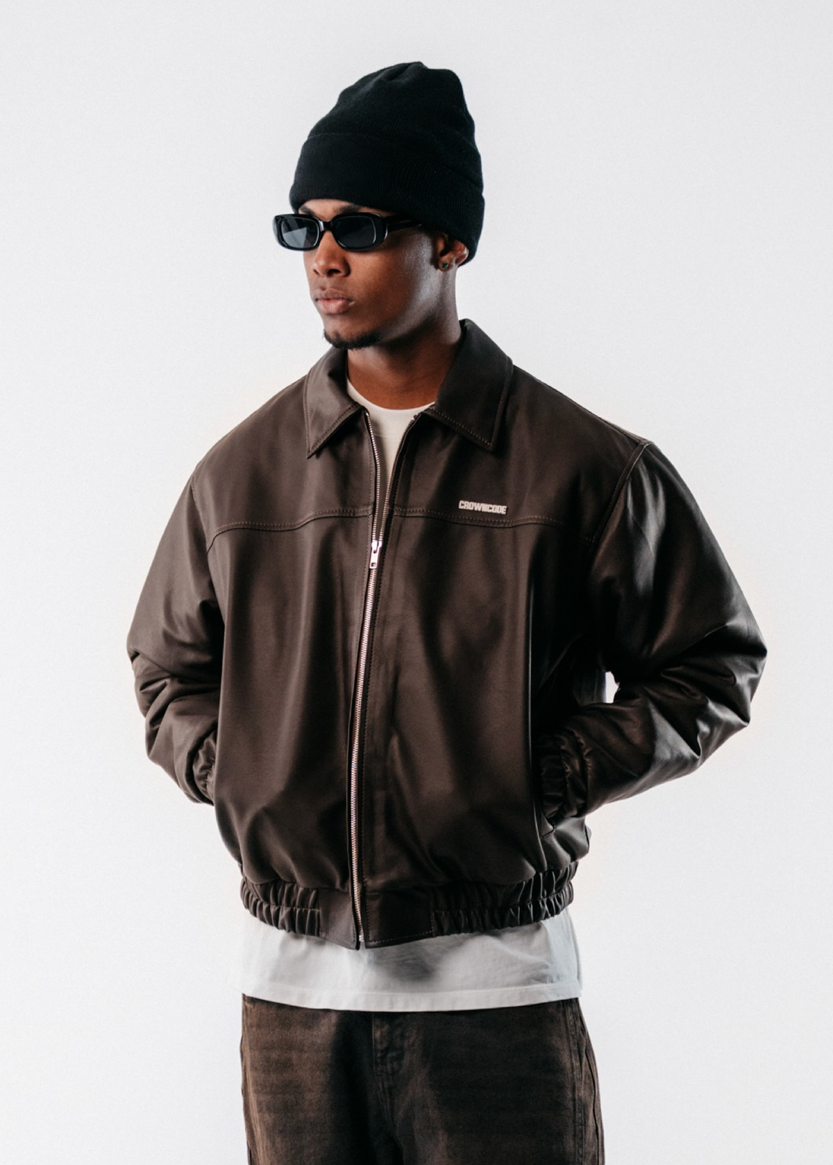 EMBLEM FAUX LEATHER BOMBER JACKET - CAFE CHOCOLATE