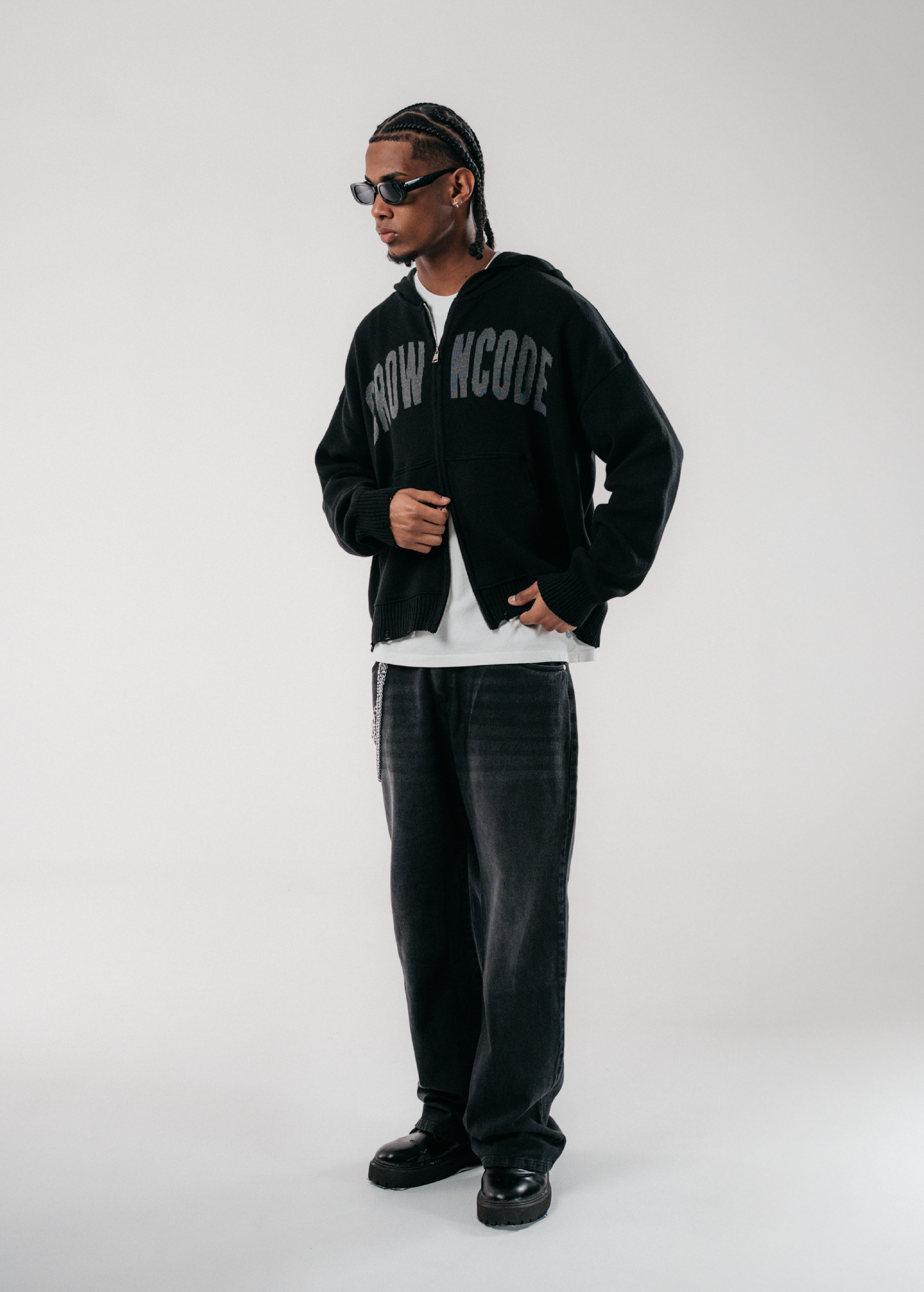 DOBLE ZIP KNITWEAR HOODIE - NEGRO
