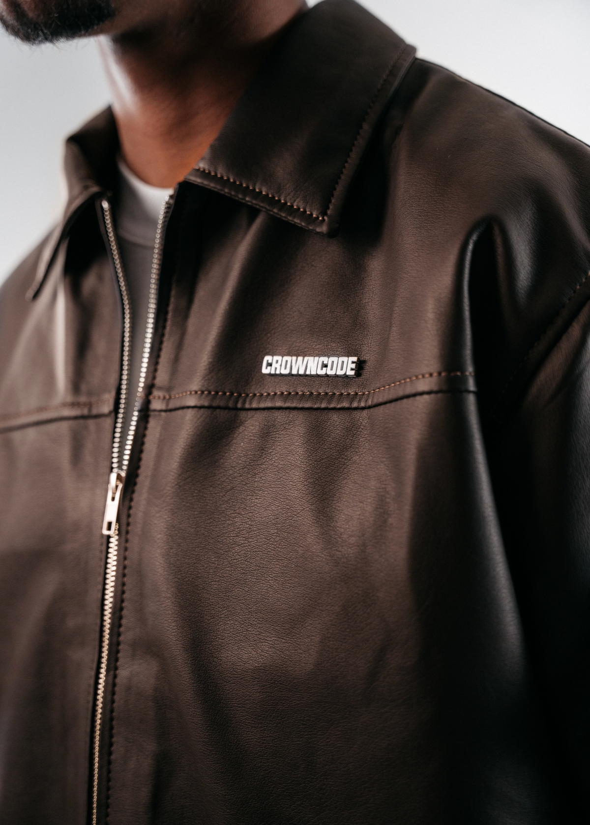 EMBLEM FAUX LEATHER BOMBER JACKET - CAFE CHOCOLATE