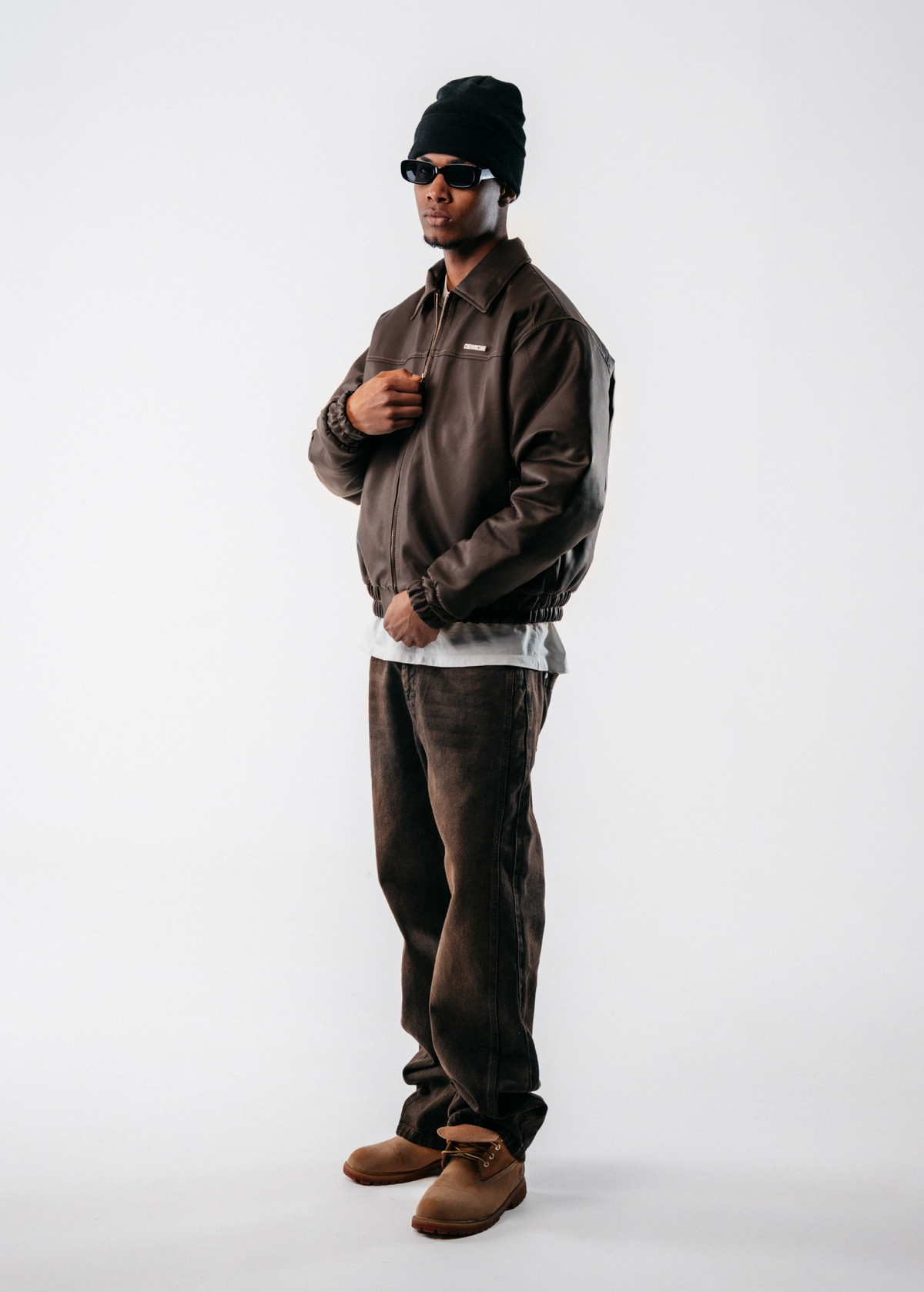 EMBLEM FAUX LEATHER BOMBER JACKET - CAFE CHOCOLATE