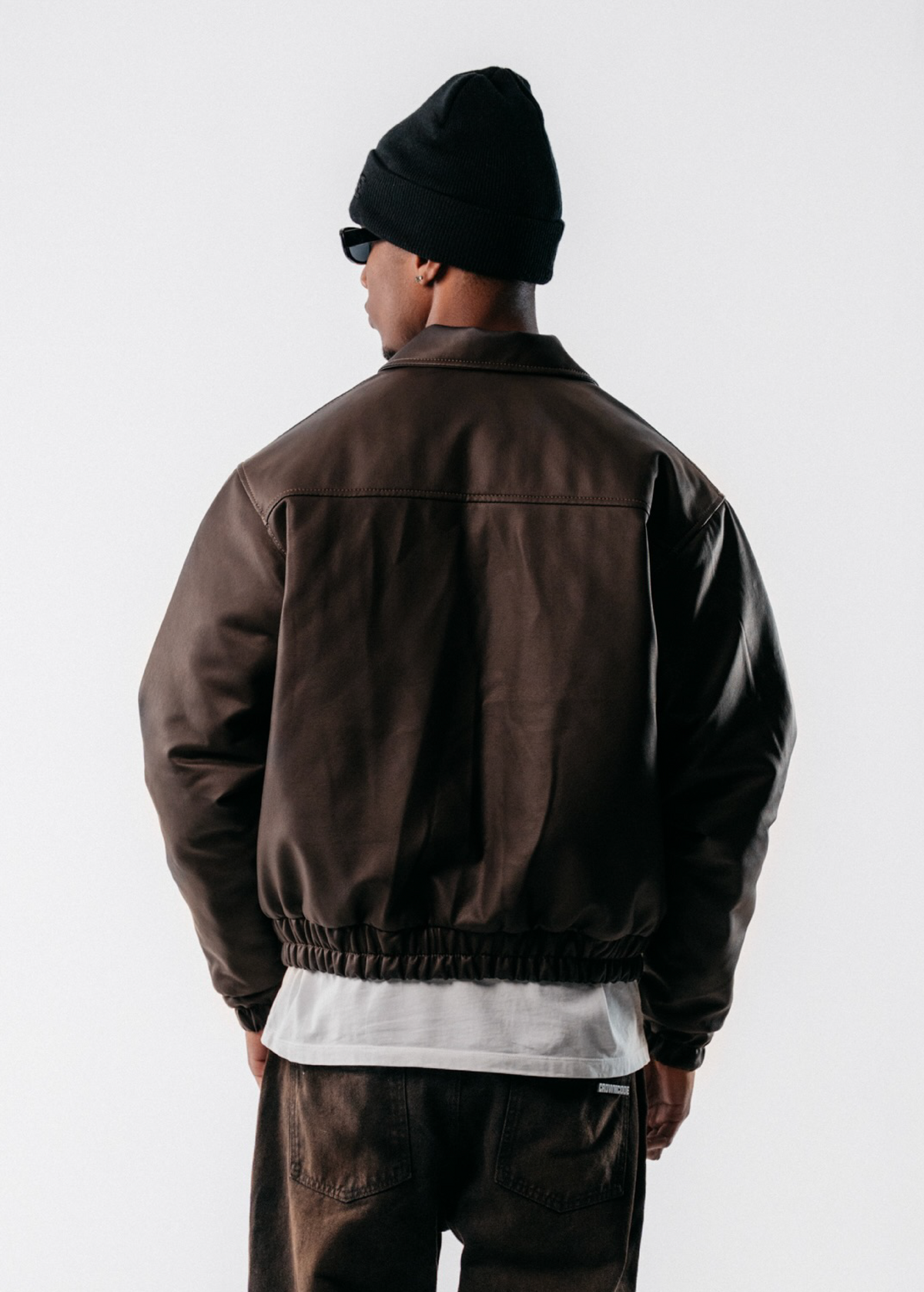 EMBLEM FAUX LEATHER BOMBER JACKET - CAFE CHOCOLATE